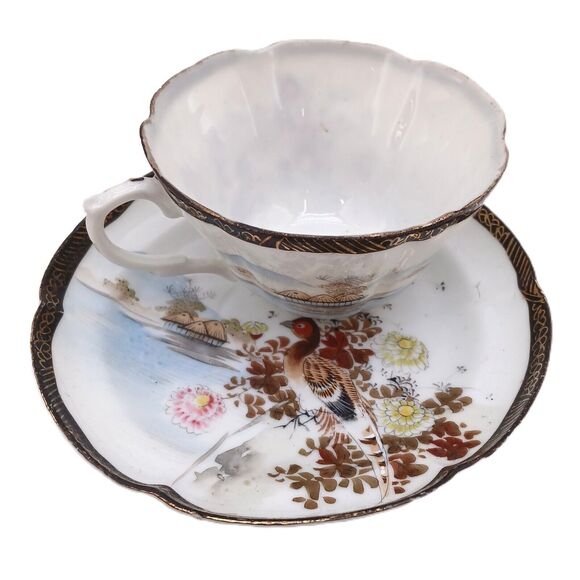 Vintage Japanese Kutani Egg Shell Porcelain Tea Cup & Saucer Hand Painted - Picture 2 of 16